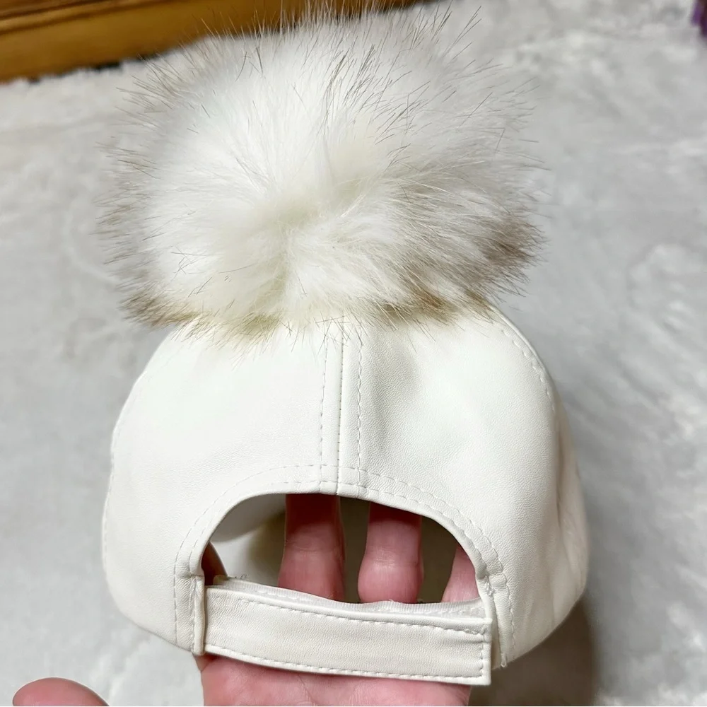 Vera NY Faux Leather Pom Adjustable Cap Hat Off-White Women’s OS